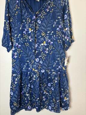 Taylor Floral Print Tiered Tie-Neck Tunic Dress Navy Size M